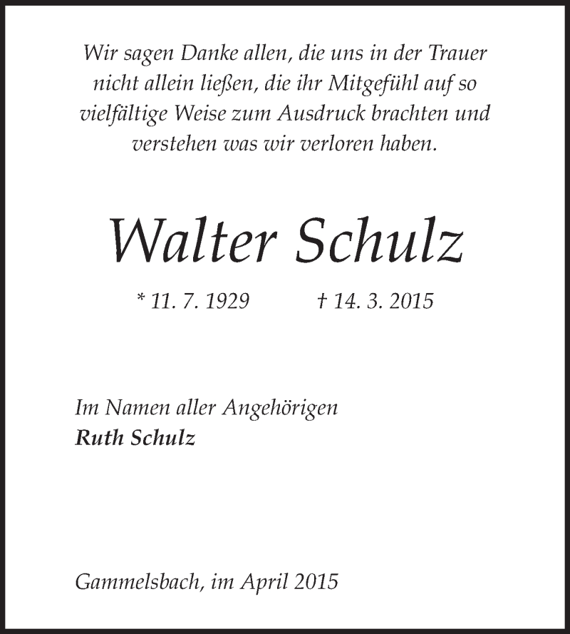  Traueranzeige für Walter Schulz vom 11.04.2015 aus Odenwälder Echo