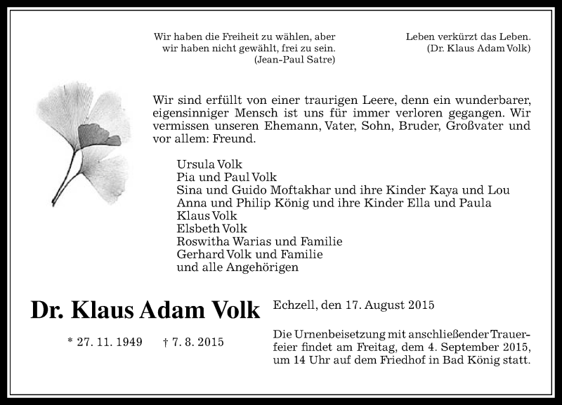 Traueranzeige für Klaus Adam Volk vom 22.08.2015 aus trauer.echo-online.de