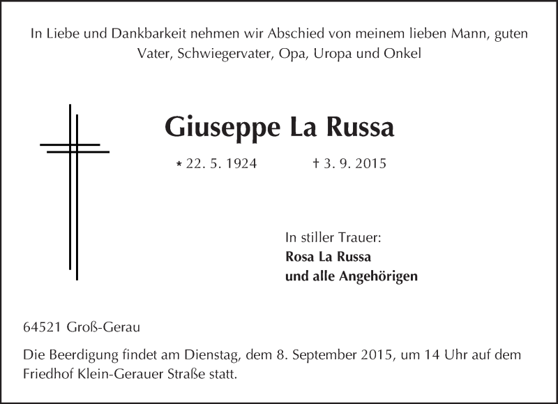 Traueranzeige für Giuseppe La Russa vom 07.09.2015 aus trauer.echo-online.de
