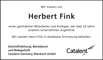 Traueranzeige von Herbert Fink von Odenwälder Echo