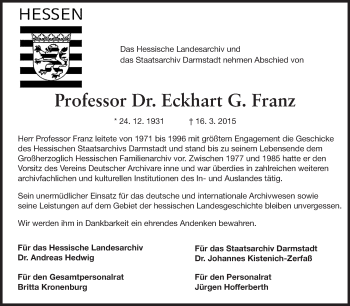 Traueranzeige von Eckhart G Franz von Echo-Zeitungen (Gesamtausgabe)