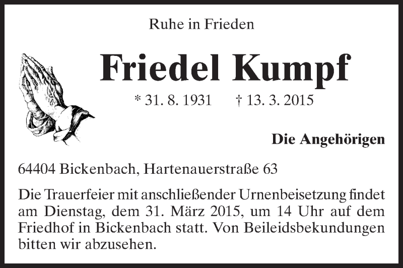 Traueranzeige für Friedel Kumpf vom 21.03.2015 aus Echo-Zeitungen (Gesamtausgabe)