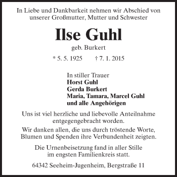 Traueranzeige von Ilse Guhl von Echo-Zeitungen (Gesamtausgabe)