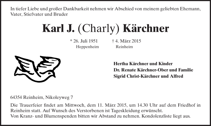  Traueranzeige für Karl J. Kärchner vom 07.03.2015 aus Echo-Zeitungen (Gesamtausgabe)