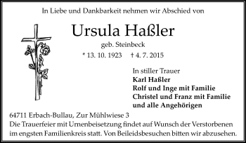 Traueranzeige von Ursula Haßler von Odenwälder Echo