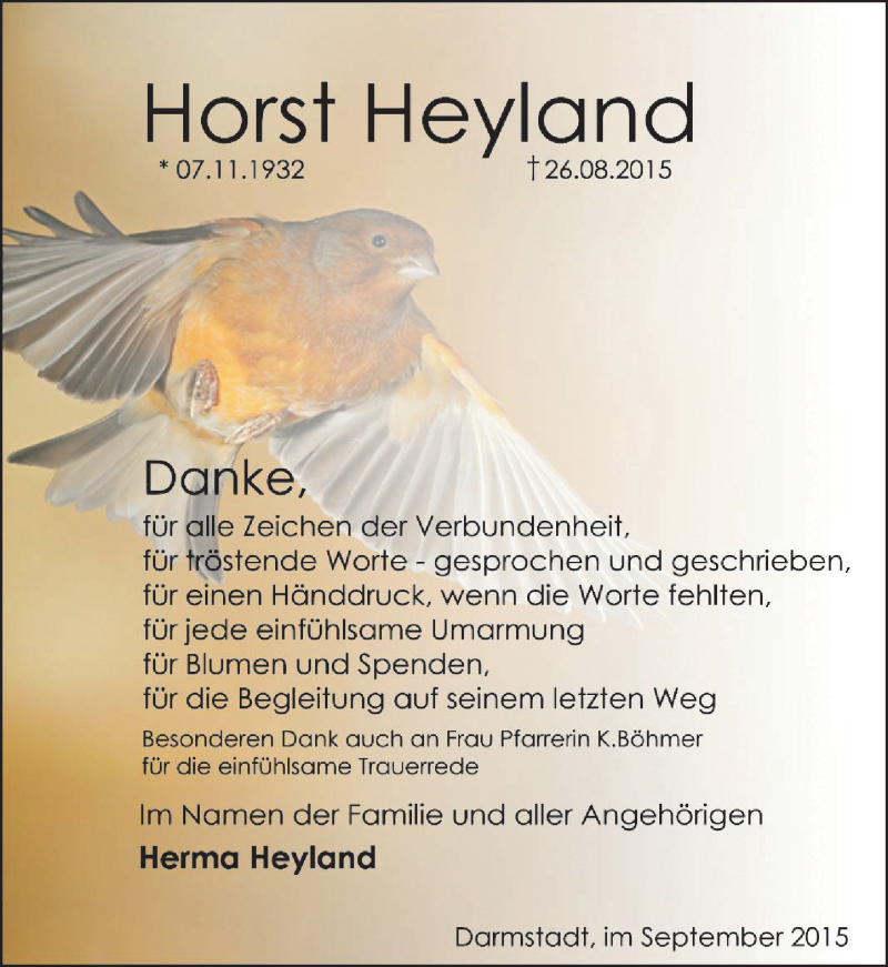  Traueranzeige für Horst Heyland vom 19.09.2015 aus trauer.echo-online.de