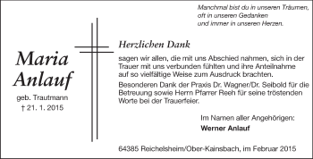 Traueranzeige von Maria Anlauf von Echo-Zeitungen (Gesamtausgabe)