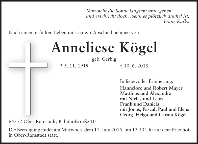  Traueranzeige für Anneliese Kögel vom 13.06.2015 aus Echo-Zeitungen (Gesamtausgabe)