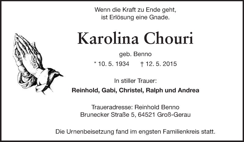  Traueranzeige für Karolina Chouri vom 30.05.2015 aus Rüsselsheimer Echo, Groß-Gerauer-Echo, Ried Echo