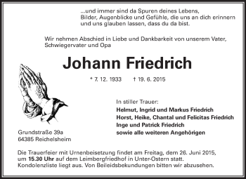 Traueranzeige von Johann Friedrich von Echo-Zeitungen (Gesamtausgabe)