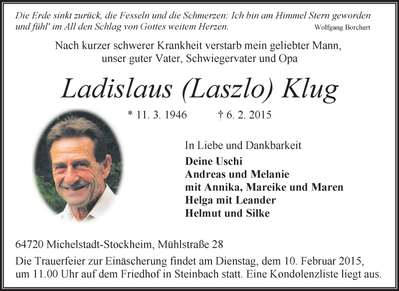  Traueranzeige für Ladislaus Laszlo Klug vom 09.02.2015 aus Odenwälder Echo