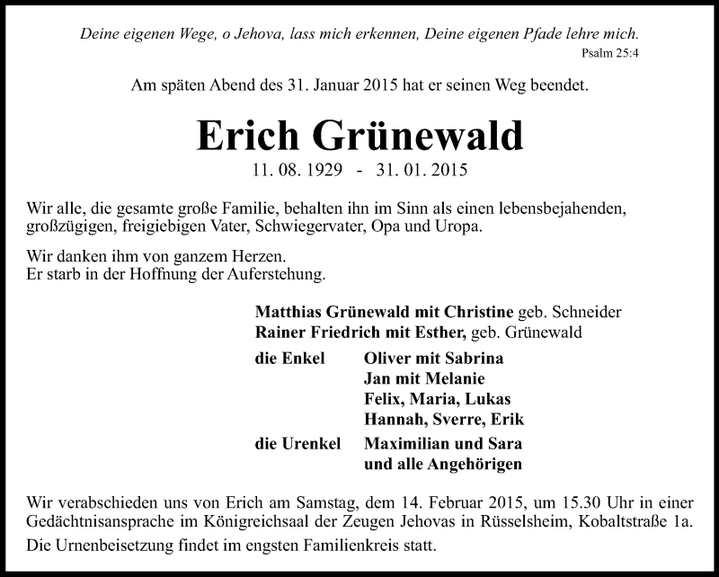  Traueranzeige für Erich Grünewald vom 04.02.2015 aus Rüsselsheimer Echo, Groß-Gerauer-Echo, Ried Echo