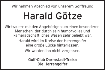 Traueranzeige von Harald Götze von Echo-Zeitungen (Gesamtausgabe)