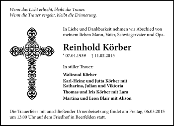 Traueranzeige von Reinhold Körber von Odenwälder Echo