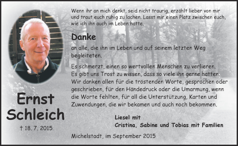  Traueranzeige für Ernst Schleich vom 05.09.2015 aus trauer.echo-online.de