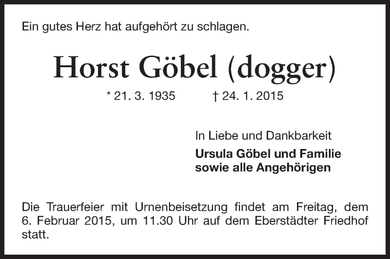  Traueranzeige für Horst Göbel vom 31.01.2015 aus Echo-Zeitungen (Gesamtausgabe)