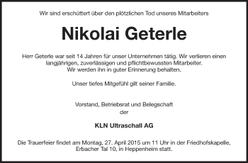 Traueranzeige von Nikolai Geterle von Starkenburger Echo