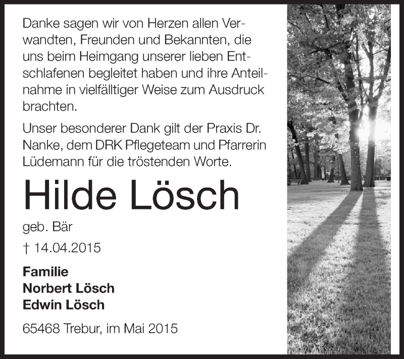  Traueranzeige für Hilde Lösch vom 20.05.2015 aus Rüsselsheimer Echo, Groß-Gerauer-Echo, Ried Echo