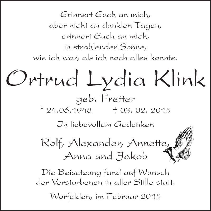  Traueranzeige für Ortrud Lydia Klink vom 18.02.2015 aus Echo-Zeitungen (Gesamtausgabe)