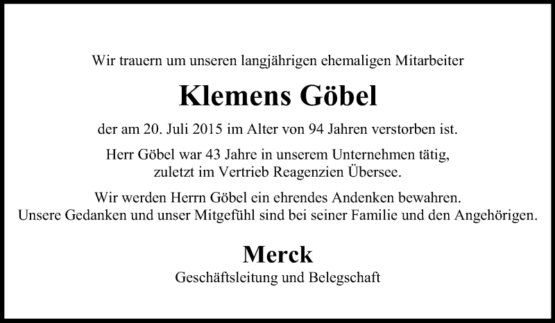  Traueranzeige für Klemens Göbel vom 23.07.2015 aus Echo-Zeitungen (Gesamtausgabe)