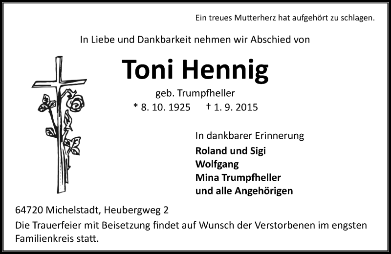  Traueranzeige für Toni Hennig vom 05.09.2015 aus trauer.echo-online.de