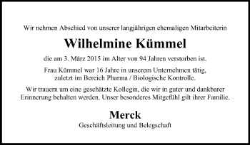 Traueranzeige von Wilhelmine Kümmel von Echo-Zeitungen (Gesamtausgabe)
