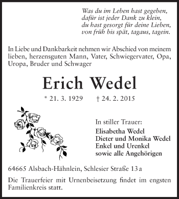 Traueranzeige von Erich Wedel von Echo-Zeitungen (Gesamtausgabe)