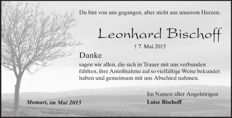  Traueranzeige für Leonhard Bischoff vom 06.06.2015 aus Odenwälder Echo