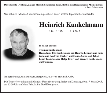 Traueranzeige von Heinrich Kunkelmann von Odenwälder Echo