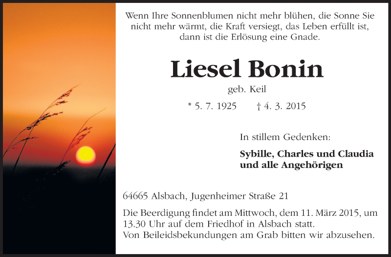  Traueranzeige für Liesel Bonin vom 07.03.2015 aus Echo-Zeitungen (Gesamtausgabe)