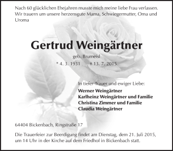 Traueranzeige von Gertrud Weingärtner von Echo-Zeitungen (Gesamtausgabe)