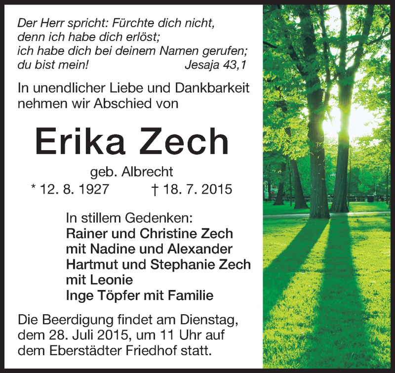  Traueranzeige für Erika Zech vom 24.07.2015 aus Echo-Zeitungen (Gesamtausgabe)