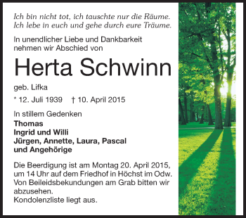 Traueranzeige von Herta Schwinn von Odenwälder Echo