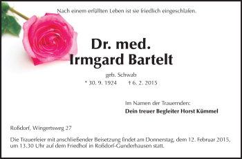 Traueranzeige von Irmgard Bartelt von Echo-Zeitungen (Gesamtausgabe)