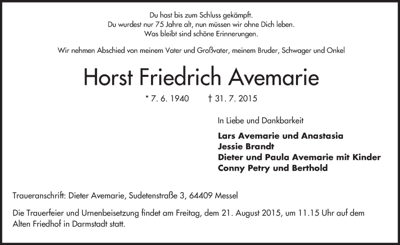  Traueranzeige für Horst Friedrich Avemarie vom 08.08.2015 aus trauer.echo-online.de