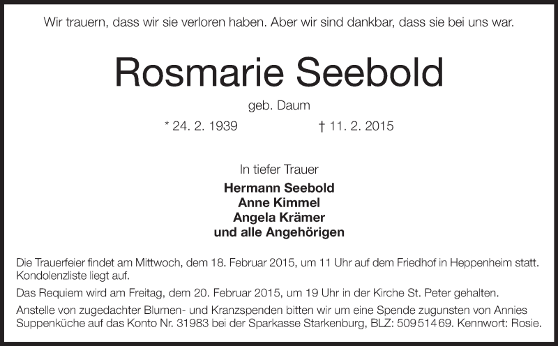  Traueranzeige für Rosmarie Seebold vom 14.02.2015 aus Echo-Zeitungen (Gesamtausgabe)