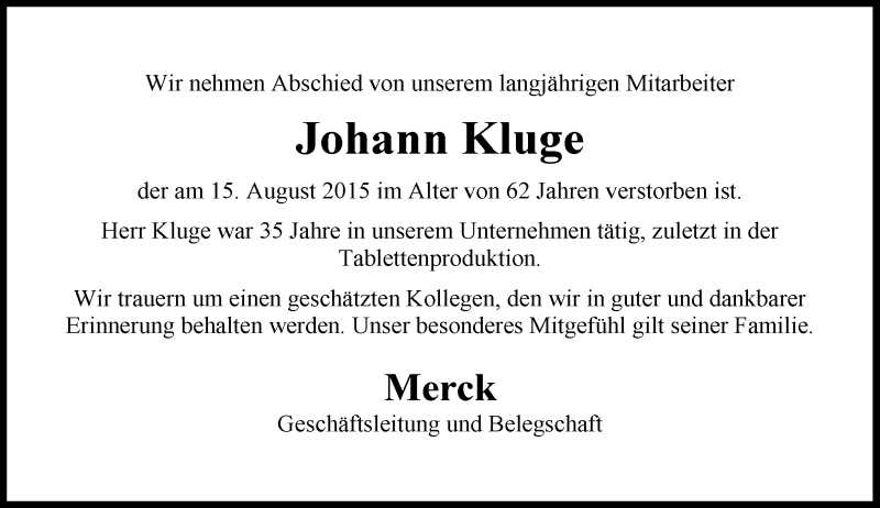  Traueranzeige für Johann Kluge vom 26.08.2015 aus trauer.echo-online.de