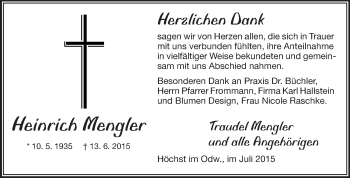 Traueranzeige von Heinrich Mengler von Odenwälder Echo
