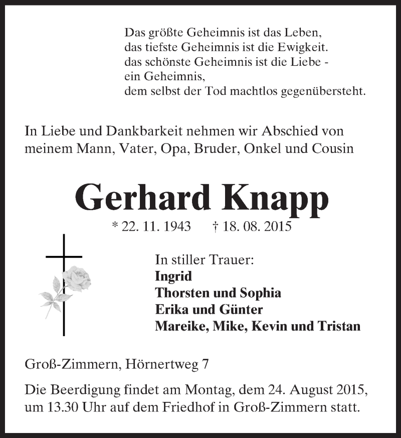  Traueranzeige für Gerhard Knapp vom 22.08.2015 aus trauer.echo-online.de