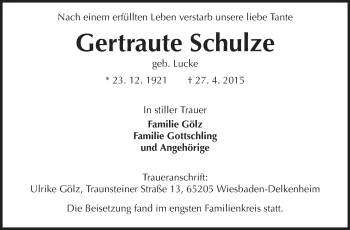 Traueranzeige von Gertraute Schulze von Echo-Zeitungen (Gesamtausgabe)