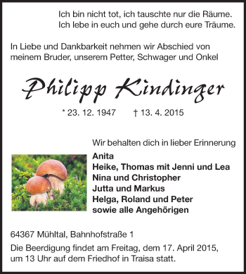 Traueranzeige von Philipp Kindinger von Echo-Zeitungen (Gesamtausgabe)