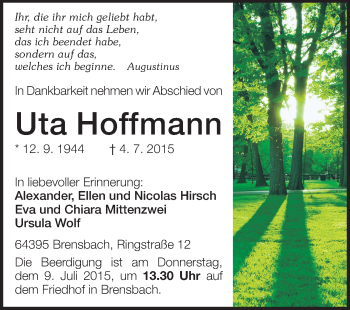 Traueranzeige von Uta Hoffmann von Echo-Zeitungen (Gesamtausgabe)