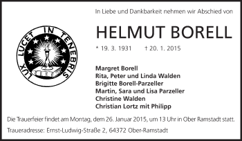 Traueranzeige von Helmut Borell von Echo-Zeitungen (Gesamtausgabe)