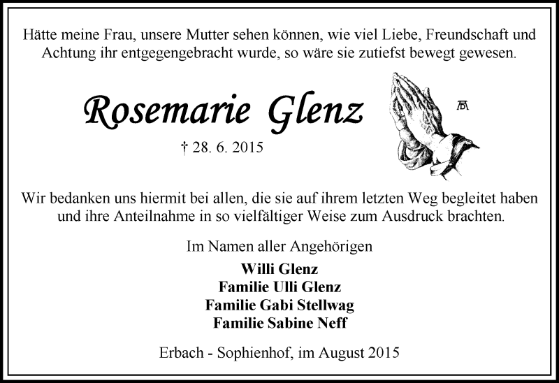  Traueranzeige für Rosemarie Glenz vom 08.08.2015 aus trauer.echo-online.de