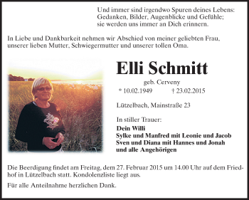 Traueranzeige von Elli Schmitt von Odenwälder Echo