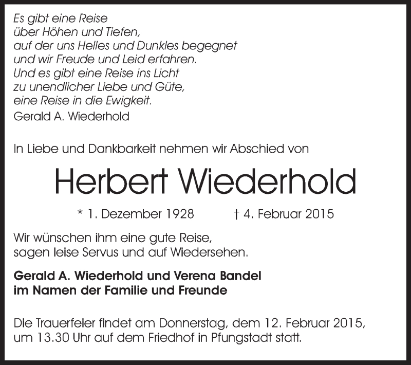  Traueranzeige für Herbert Wiederhold vom 10.02.2015 aus Echo-Zeitungen (Gesamtausgabe)