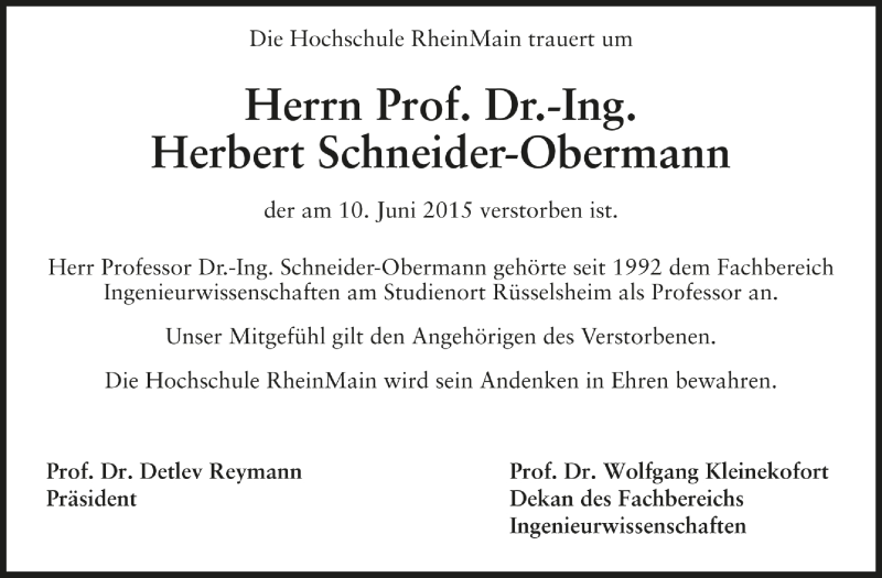  Traueranzeige für Herbert Schneider-Obermann vom 13.06.2015 aus Echo-Zeitungen (Gesamtausgabe)