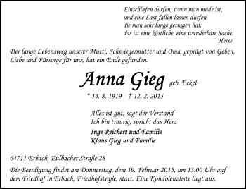 Traueranzeige von Anna Gieg von Odenwälder Echo