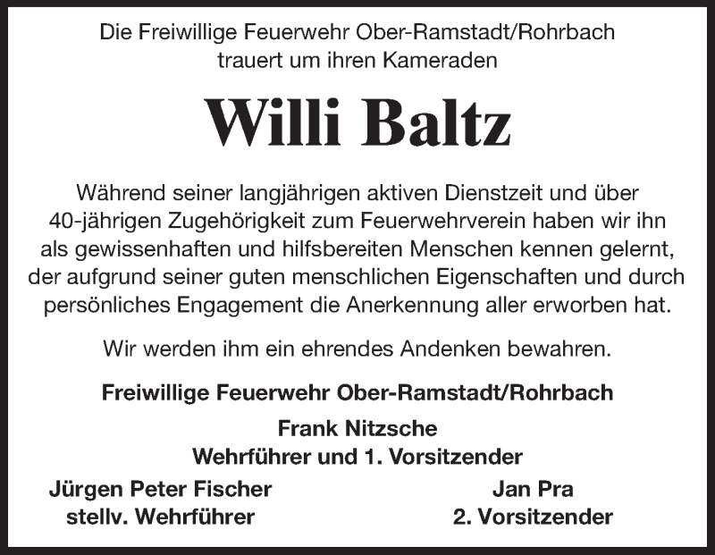  Traueranzeige für Willi Baltz vom 26.06.2015 aus Echo-Zeitungen (Gesamtausgabe)