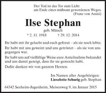 Traueranzeige von Ilse  Stephan von Echo-Zeitungen (Gesamtausgabe)